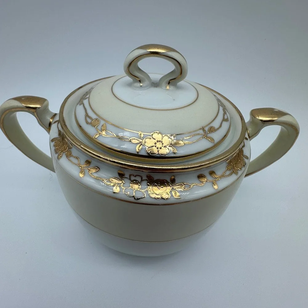 Antique Nippon Hand Painted Tea Set Gold Moriage Floral Teapot Sugar Creamer 3pc